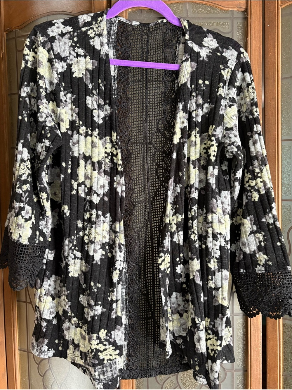 Maurices Black Floral Lace-Trim Open Cardigan